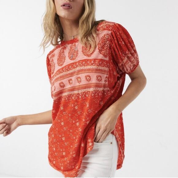 Free People Tops - Free People Floral Scoop Neck Puff Short Sleeve low back Tunic Blouse XS